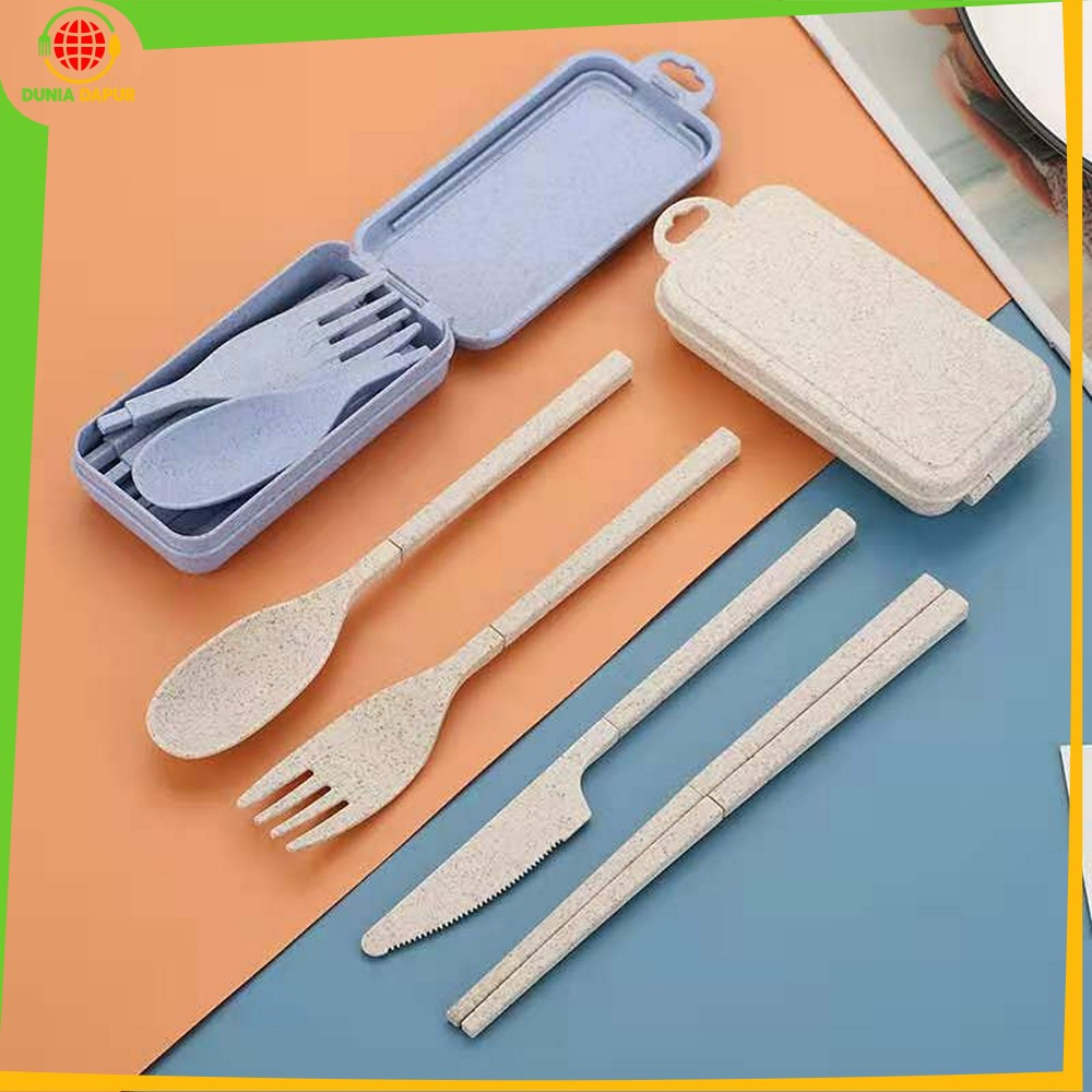 Alat Makan Sendok Garpu Sumpit Lipat 3IN1 Bahan Jerami Gandum / Sendok Korea Travel Cutlery Set Port