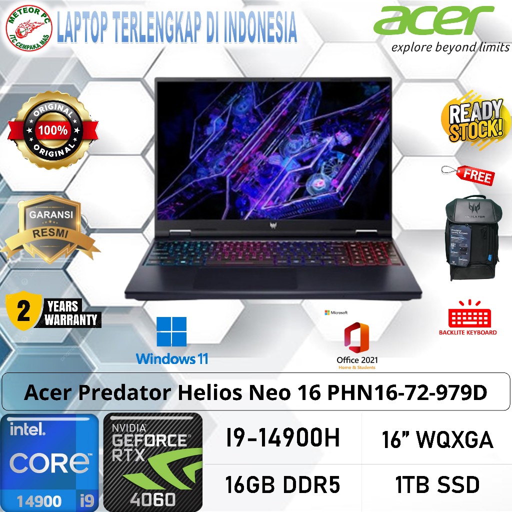 Acer Predator Helios Neo 16 PHN16-72-979D /Core i9-14900HX/16GB/1TB SSD/RTX4060 8GB/16″ WQXGA 165Hz/