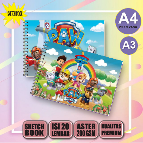 Buku Gambar Vertikal Jilid Spiral A4/a3 Sketchbook Paw patrol, 20 Lembar/40 Halaman, 200gsm