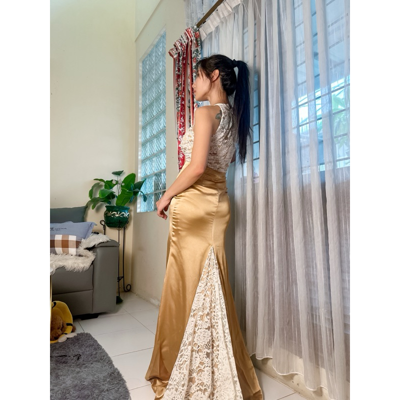 Gaun Satin Kulit Emas Dress Party