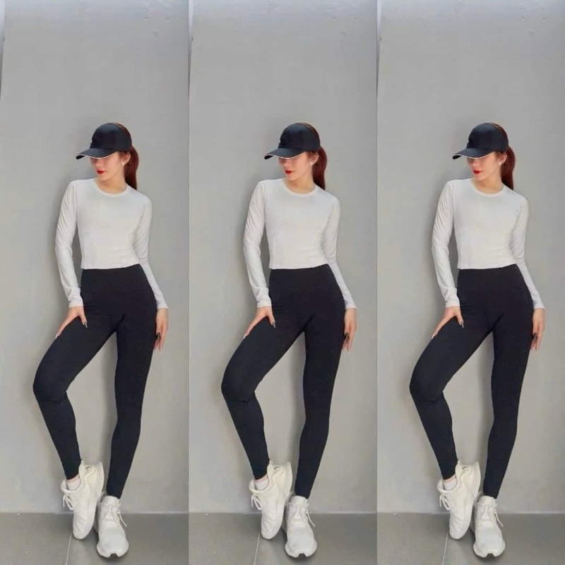 setelan olahraga senam wanita crop lengan panjang