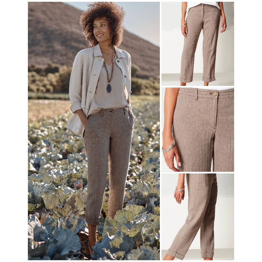 Celana J.Jill Linen & Cotton Herringbone Pants In Coffee Multi