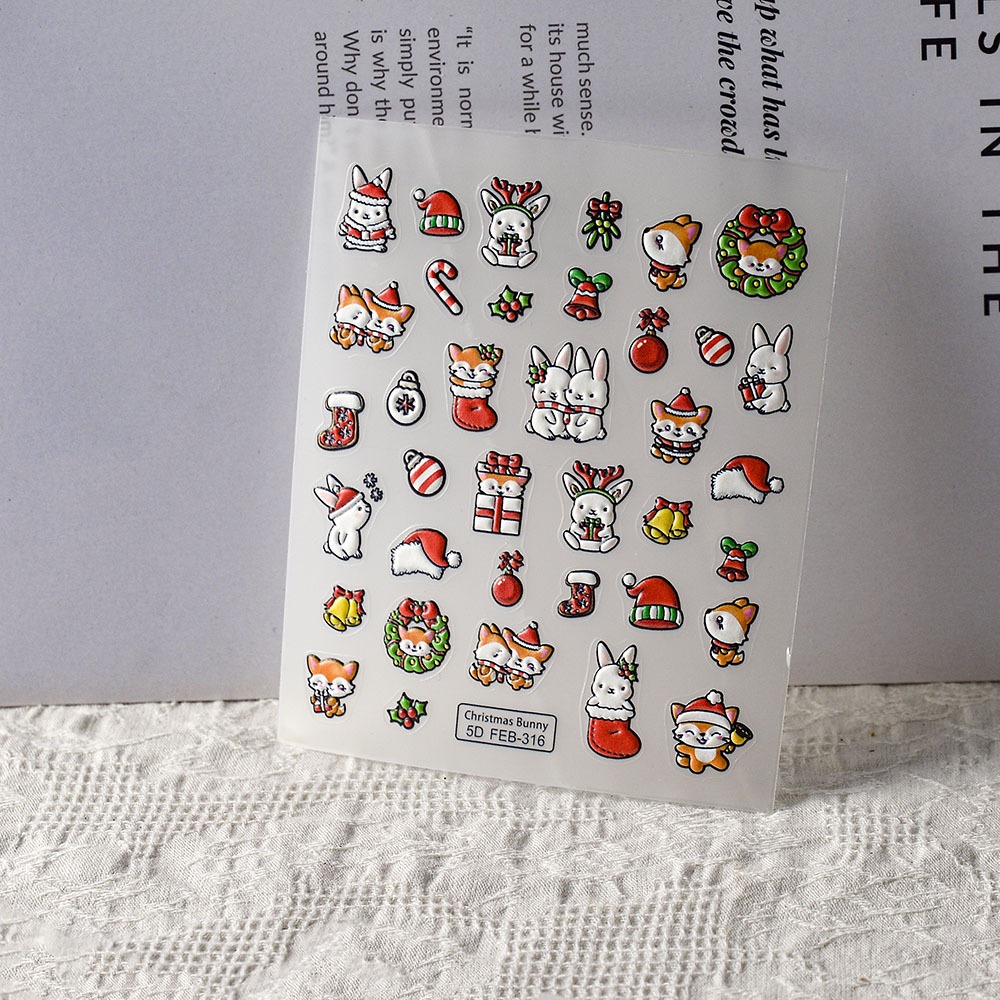 Stiker Kuku 3D Edisi Natal Merry Christmas Nail Sticker Nail Art Christmas Wolf Rabbit Kelinci Bunny