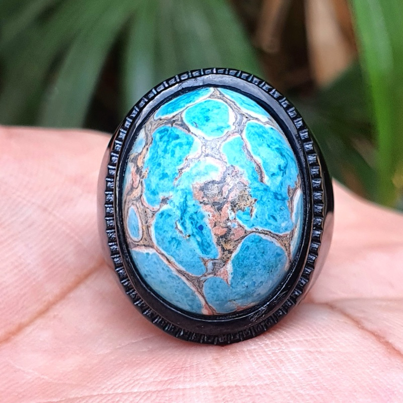 Cincin Batu Pirus Biru Ring Titanium Hitam