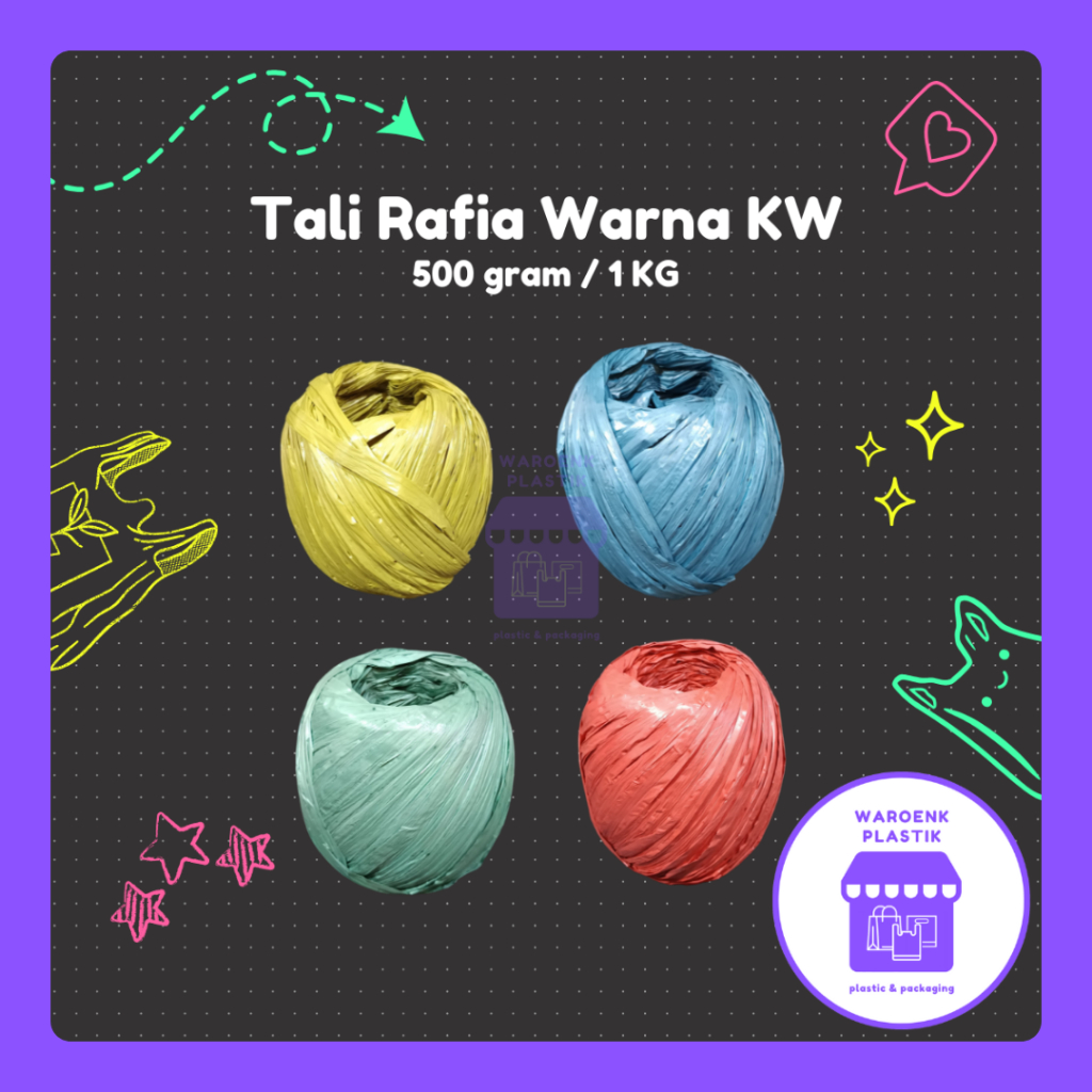 

Waroenk Plastik | Tali Packing | Tali Gulungan | Tali Rafia Gulung Warna KW | 500 gram & 1 kg