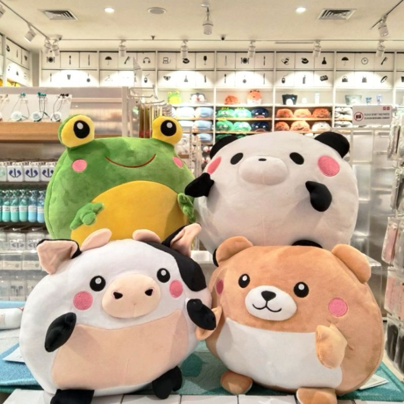 Miniso Round Tumbler Series Plush Toy Panda Bear Cow / Miniso Boneka Bulat Panda Beruang Sapi
