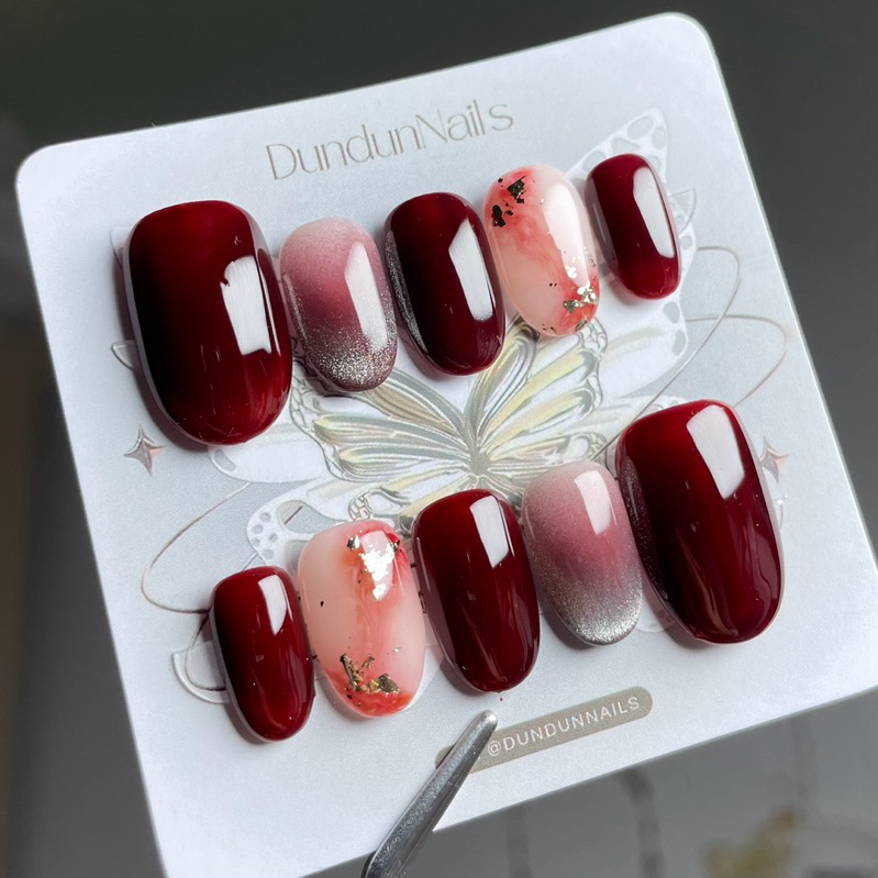 [ FREE BOX ]  A40 Marble cat eye nail art maroon | Press on nails custom handmade by dundunnails