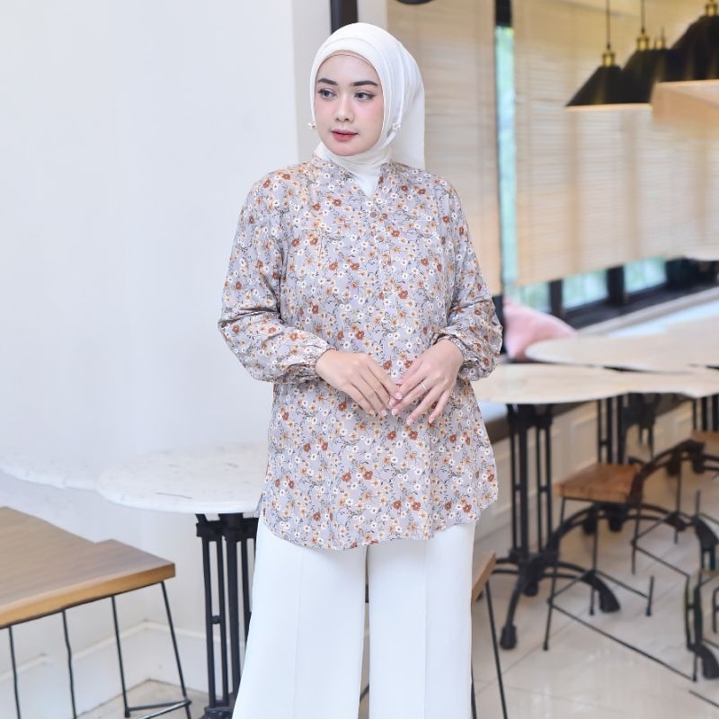 blouse atasan pakaian kemeja motif kembang bunga-bunga baju wanita cewek perempuan muslim rayon jumb