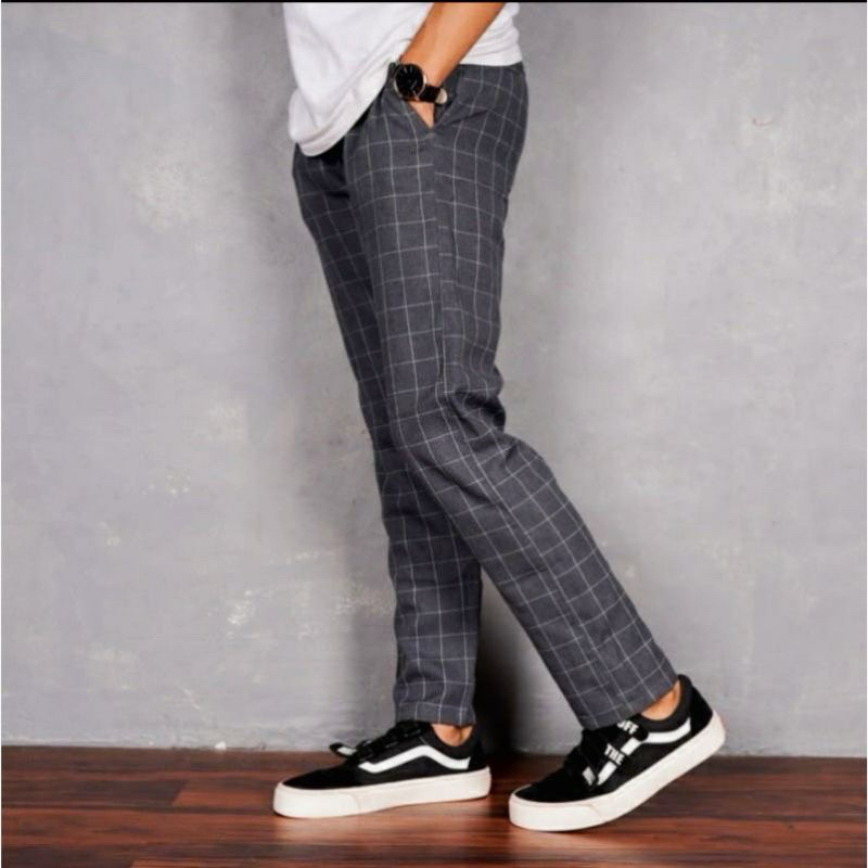 Celana Chino Tartan Pria Ankle Pants Motif Kotak Kotak Panjang Cowok Salur Model Korea Slim Fit