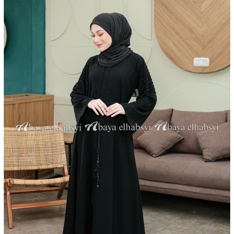 Abaya elhabsyi Dubai 1104 Gamis Arab Hitam Dress muslimah Wanita Umroh haji Bahan Jet black