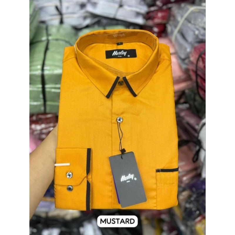 Harley kemeja polos pria lengan panjang kombinasi list-kemeja harley lengan panjang warna kuning mus