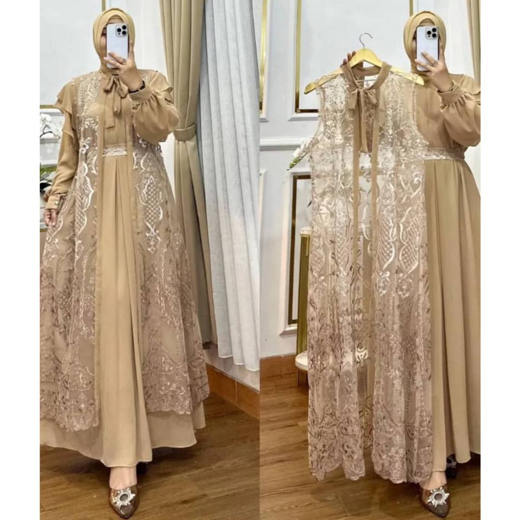Baju muslim model terbaru untuk hari raya nashita dress 2in1 gamis outer brokat set
