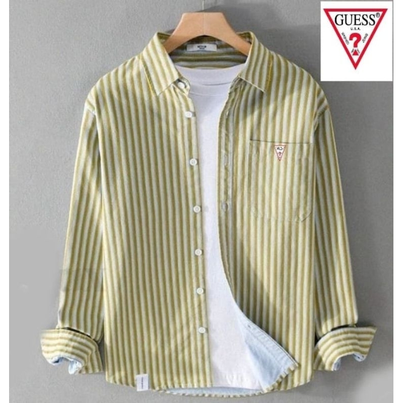 kemeja salur pria lengan panjang guess's premium//kemeja salur pria slimfit logo depan bordir premiu