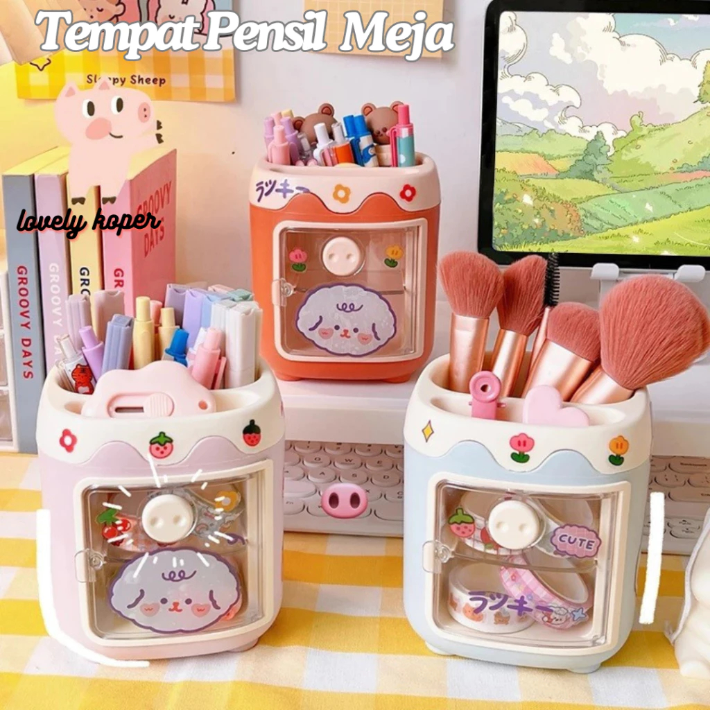 

Kotak Tempat Penyimpanan Alat Tulis Pen Holder Tempat Pulpen Make Up Brush Organizer Meja 2 Laci