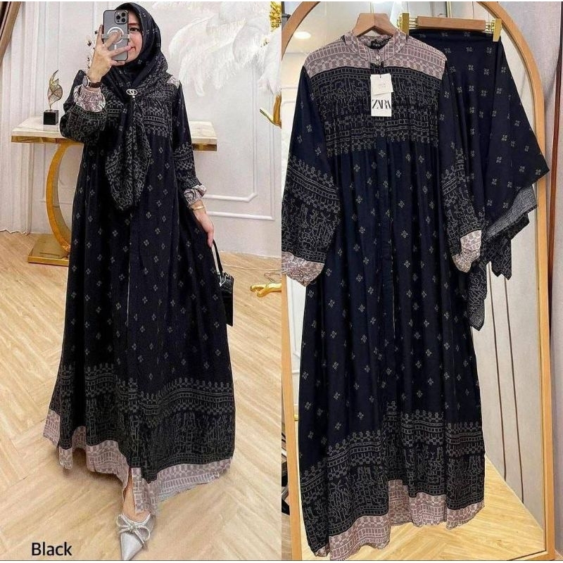 Gamis Sultan Set Hijab Hitam dengan Renda Hijau Rayon Muslimah Style