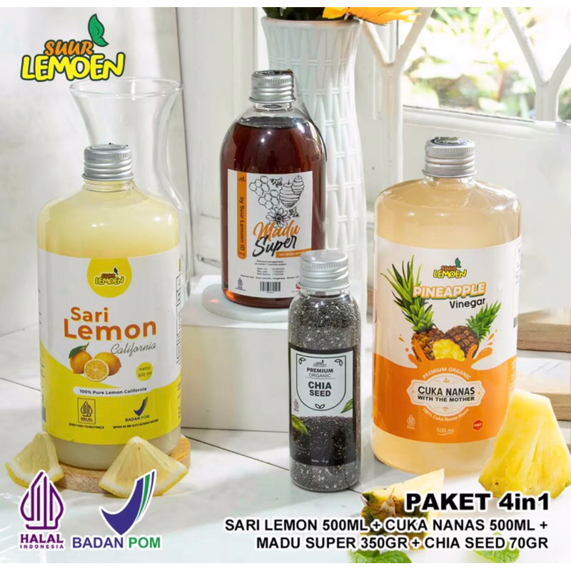 

Paket Hemat 4in1 Big Diet detox suur lemon Cuka nanas 500 ML - Sari lemon 500 ml Madu multifora 350 ML Chia seeds 70gr - By Aleska Store ID