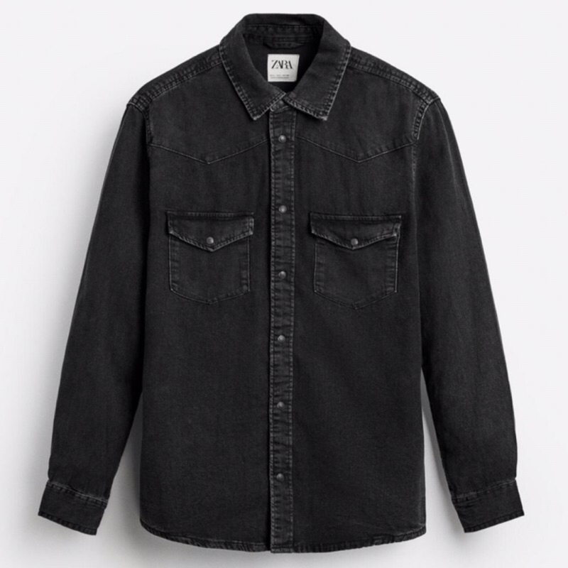 ZARA Men Lightweight Denim Shirt Kemeja Pria Lengan Panjang Black