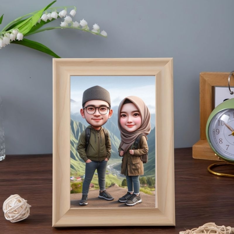 karikatur wajah dan bingkai A4 kayu + cetak/ Kado Karikatur/ kado ulang tahun/ kado wisuda