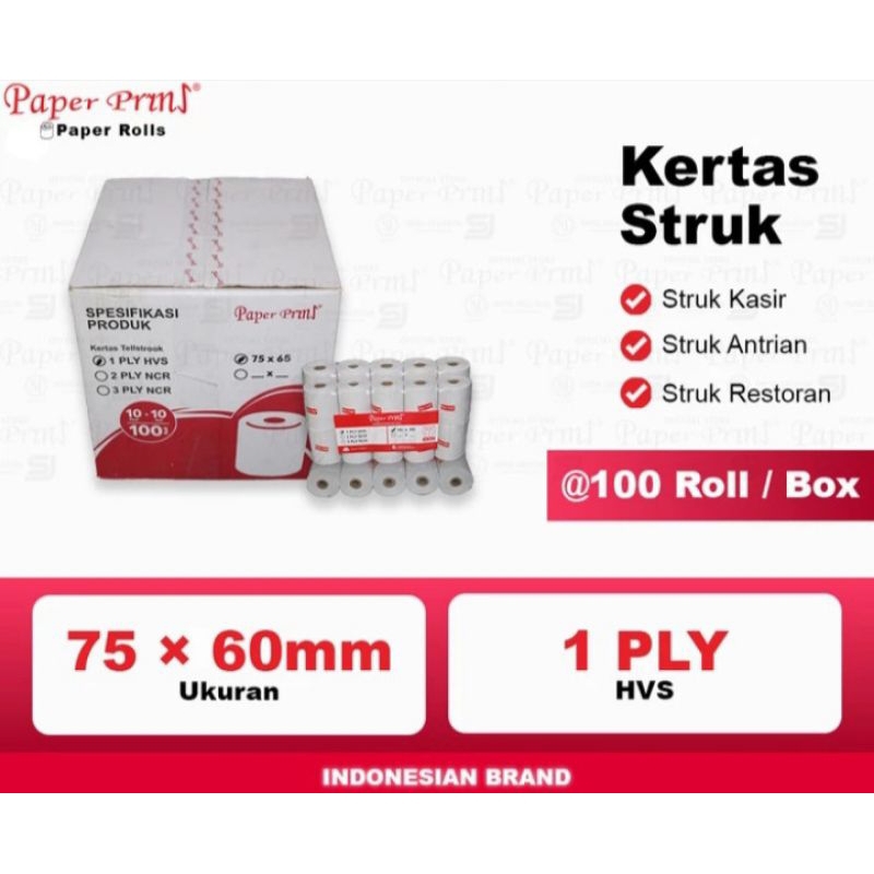 

Paper Pryns Register Roll / Kertas kasir / Struk uk 75 x 65 1ply - Dus isi 100 roll.