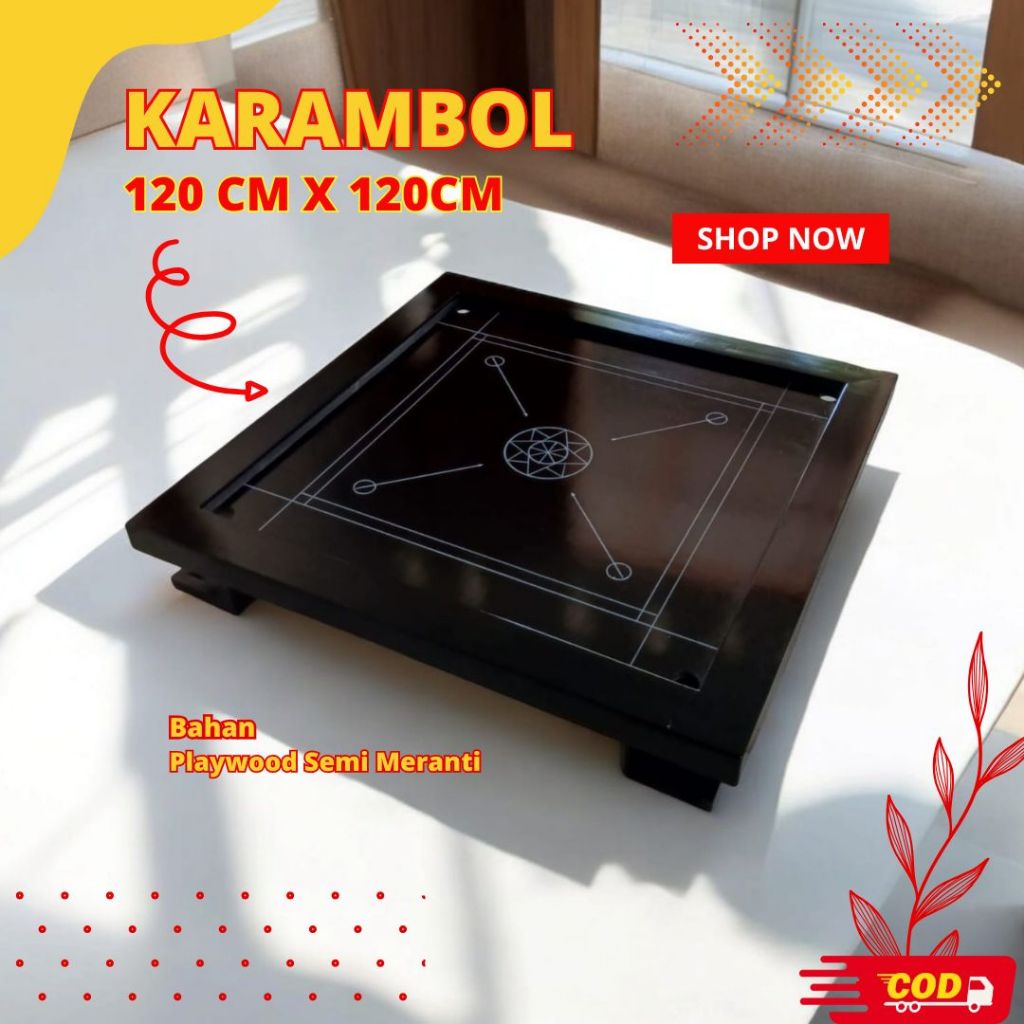 Meja Papan Karambol Kayu Besar  Ukuran 120x120 Premium Lengkap 1 Set Warna Hitam - PL120.6