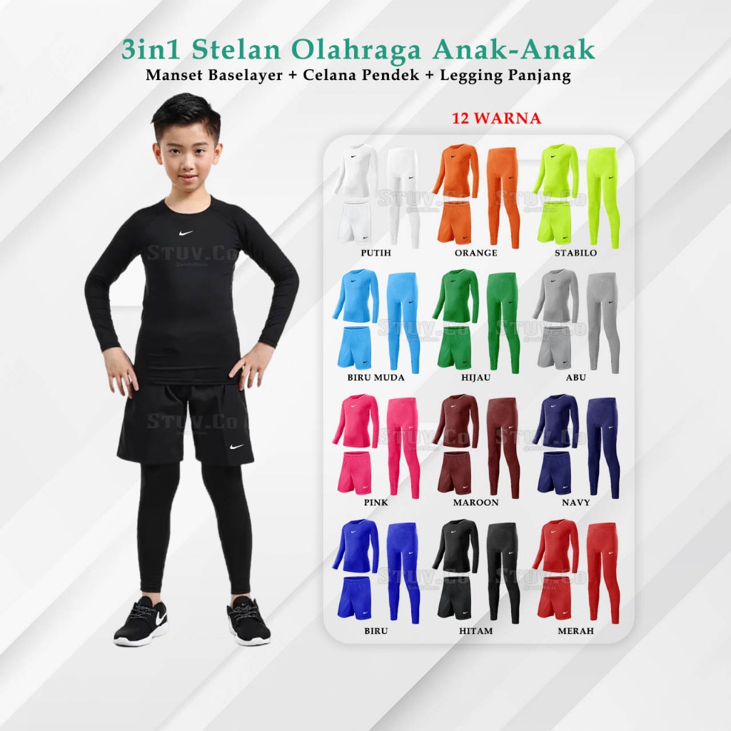 PAKET 3IN1 STELAN OLAHRAGA ANAK MANSET BASELAYER THUMBHOLE LEGGING PANJANG CELANA FUTSAL SEPAK BOLA