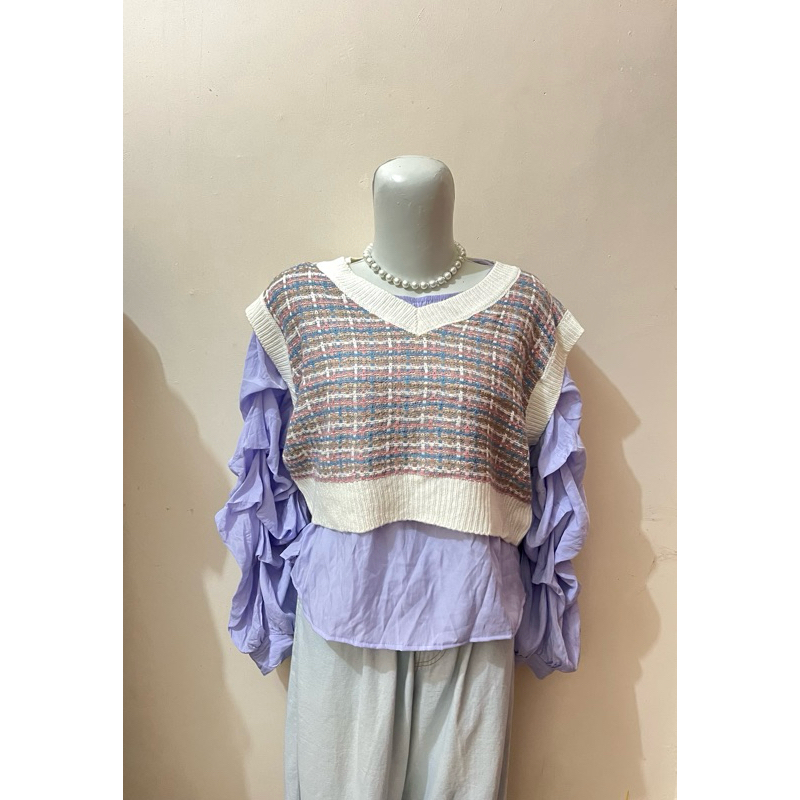 vest tweed brand wego + inner lengan balon lilac brand papaya (preloved)