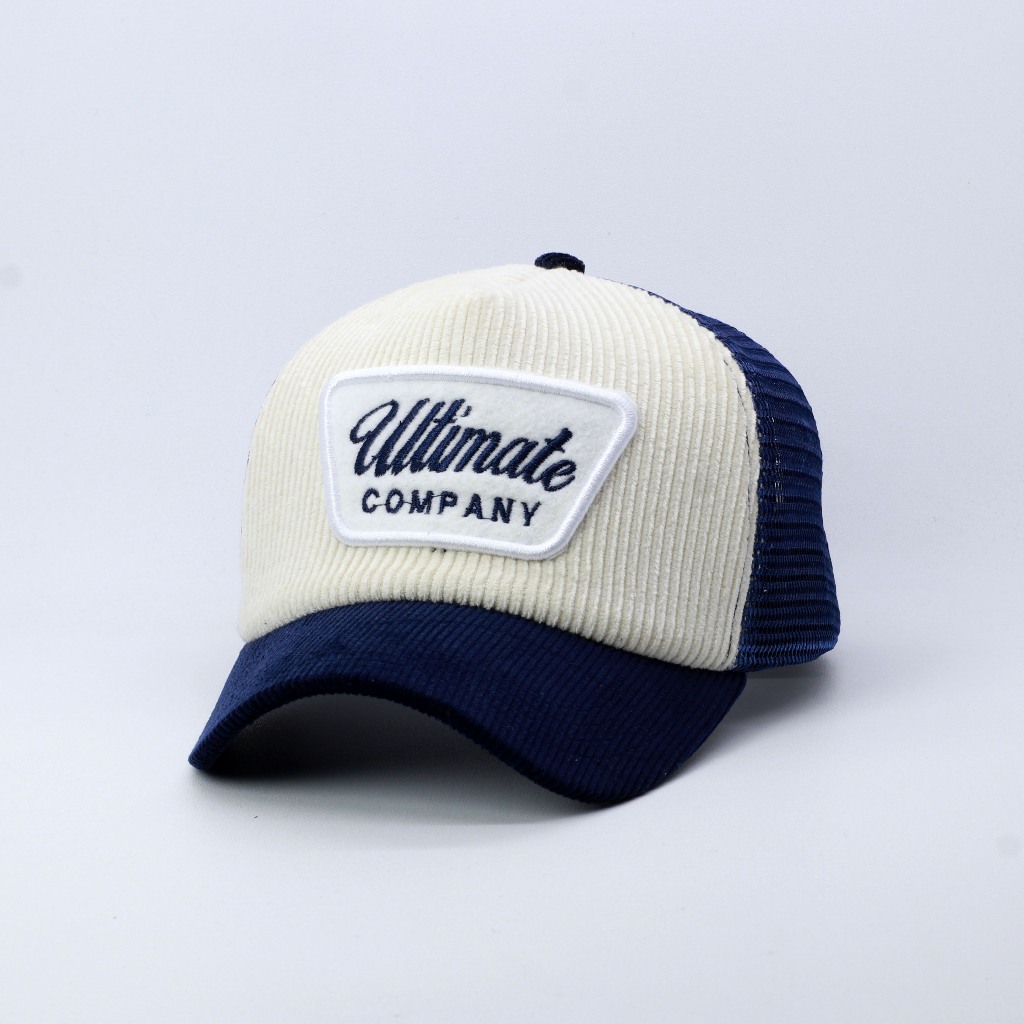 TOPI JARING TRUCKER HAT LIDAH PENDEK BAHAN CORDUROY WARNA NAVY VISOR PENDEK ULTIMATE COMPANY