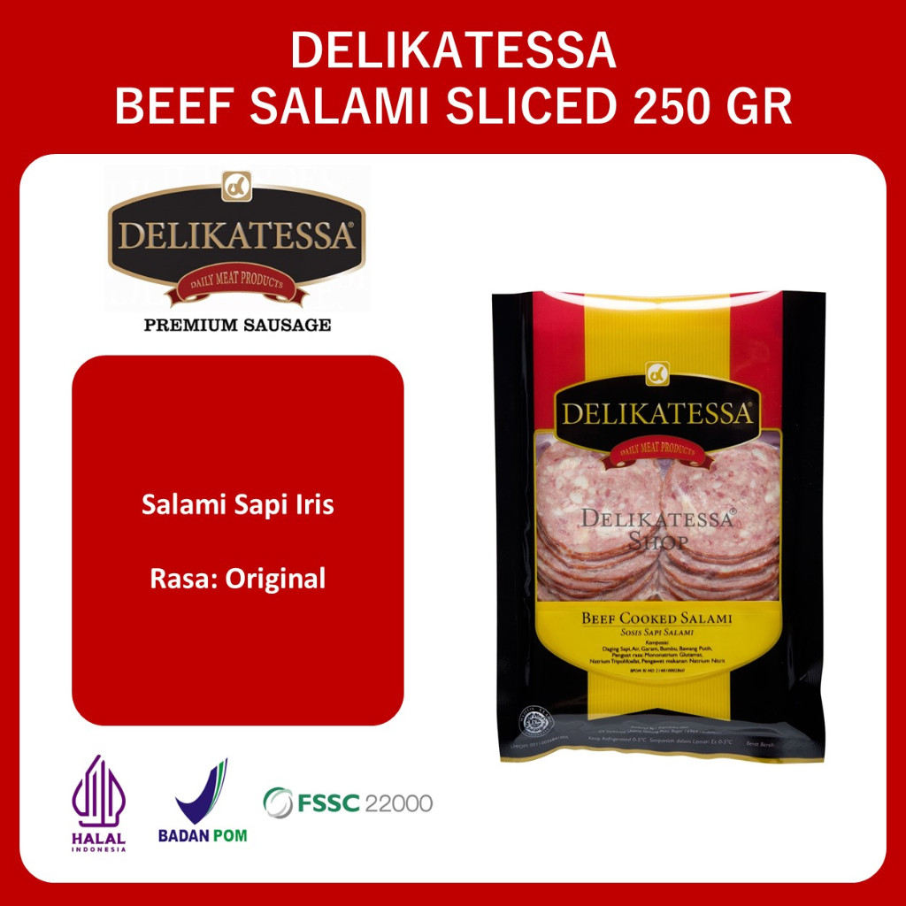 

Delikatessa Beef Salami Sliced 250 GR Daging Sapi Salami Pizza Halal