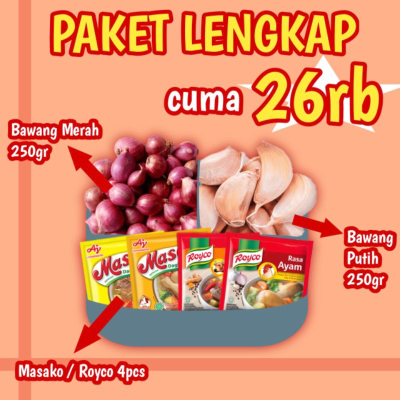 

PAKET LENGKAP (bawang putih 250gr, bawang merah 250gr, masako/royco 4pcs)