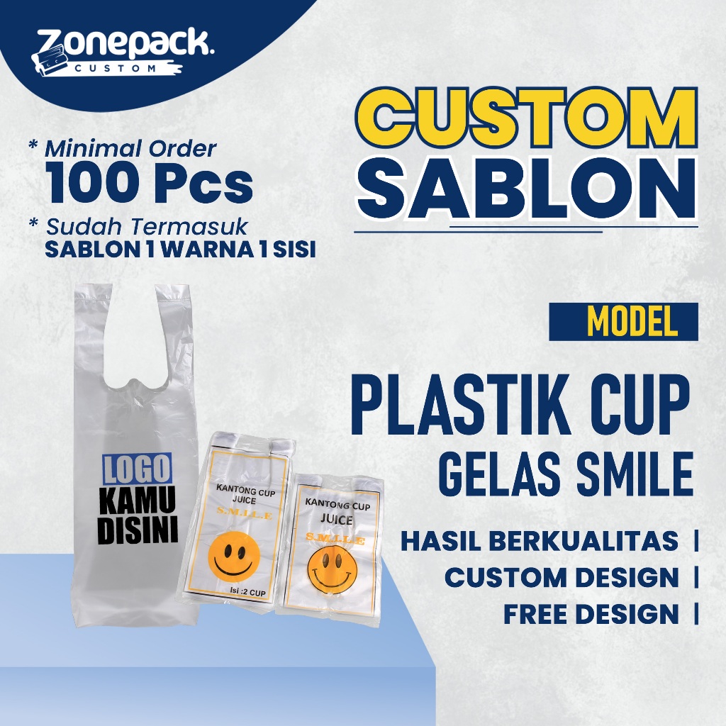 Sablon Plastik Cup Gelas Smile | Custom / Free Desain Kantong Plastik Minuman 1 cup 2 Cup