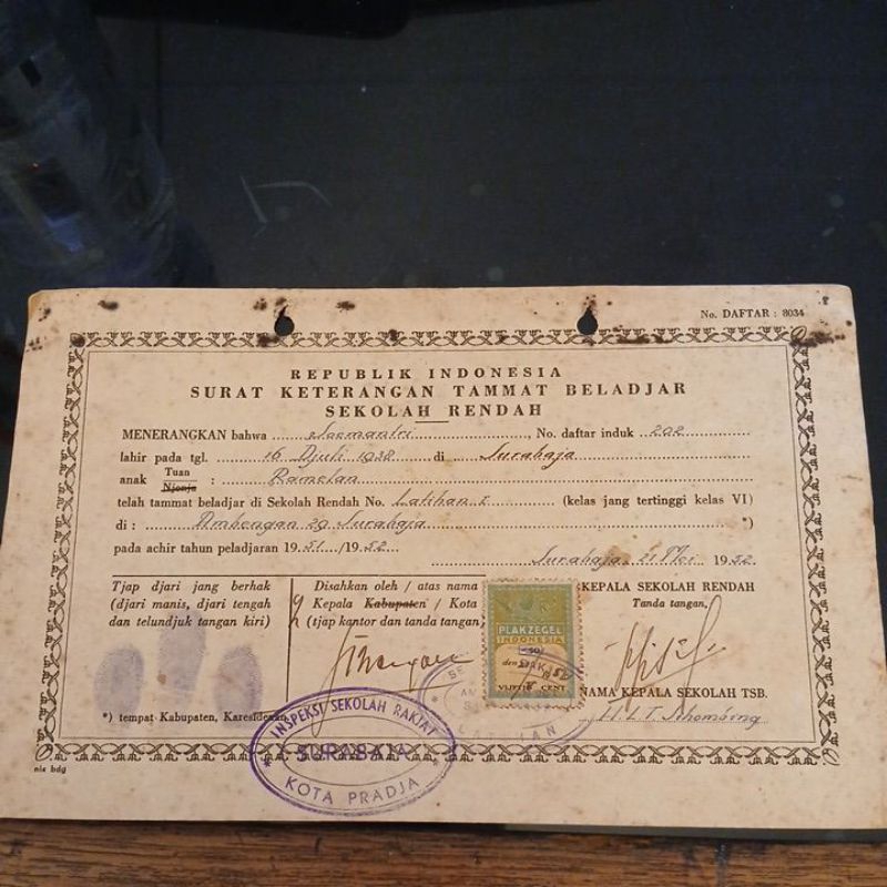 

SURAT KETERANGAN TAMMAT BELADJAR SEKOLAH RENDAH TAHUN PELADJARAN 1951/1952