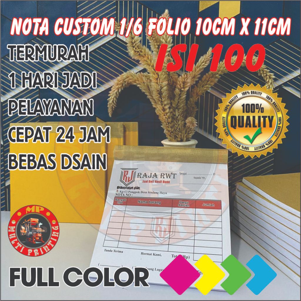 

nota custom 1/6 isi 100 gratis dsain ukuran 10x11 nota standar bon ful color kwitansi multi printing