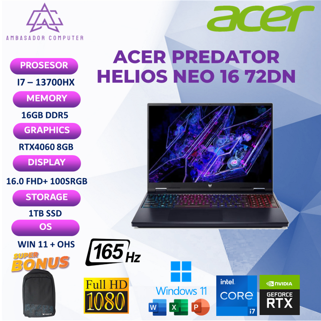 Acer Predator Helios Neo 16 i7 13700HX RTX4060 8GB 16GB 1TB Windows11 OHS 165Hz