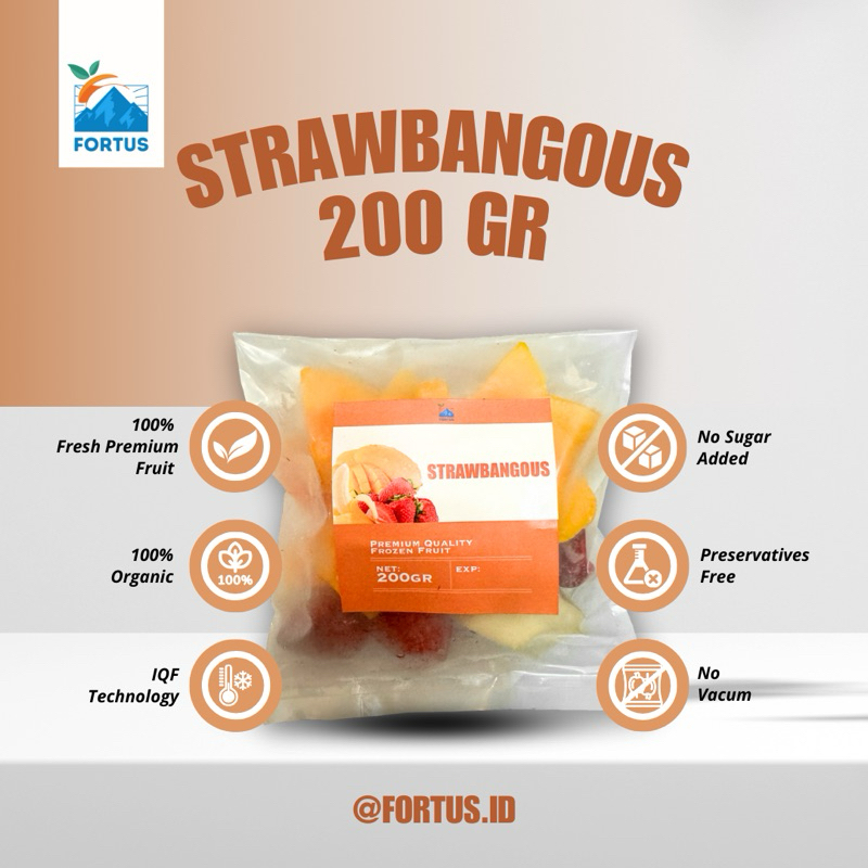 

Fortus IQF Strawbangous Ready To Blend Strawberry Banana Mango Frozen Stroberi Pisang Mangga Beku Premium Organik