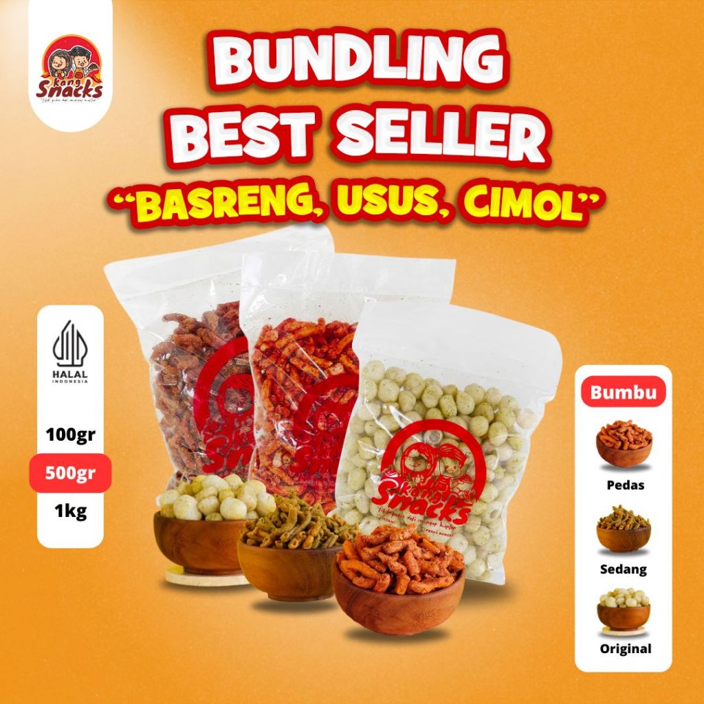 

KANGSNACKS BUNDLING Basreng-Usus Crispy-Cimol Kering Pedas Daun Jeruk 500Gr Cemilan Makanan Jajanan Jajan Snack Pedas