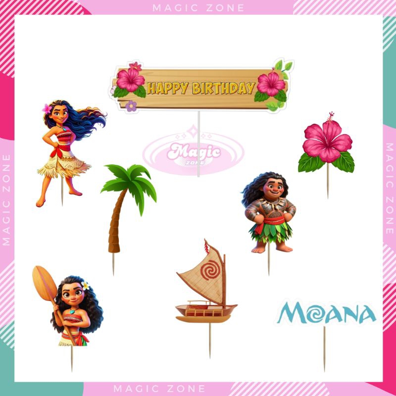 Topper Cake Karakter/Hiasan Kue Ulang Tahun Tusukan/Topper Happy Birthday/Disney Moana/Luca/Smurf