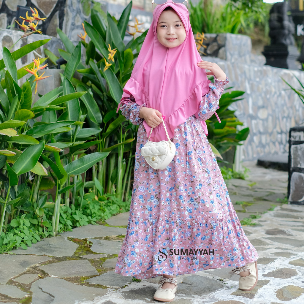 Sumayyah - Gamis Rayon Anak Motif Bunga Set Jilbab Jersey Baju Muslim Perempuan Usia 3-10 Tahun
