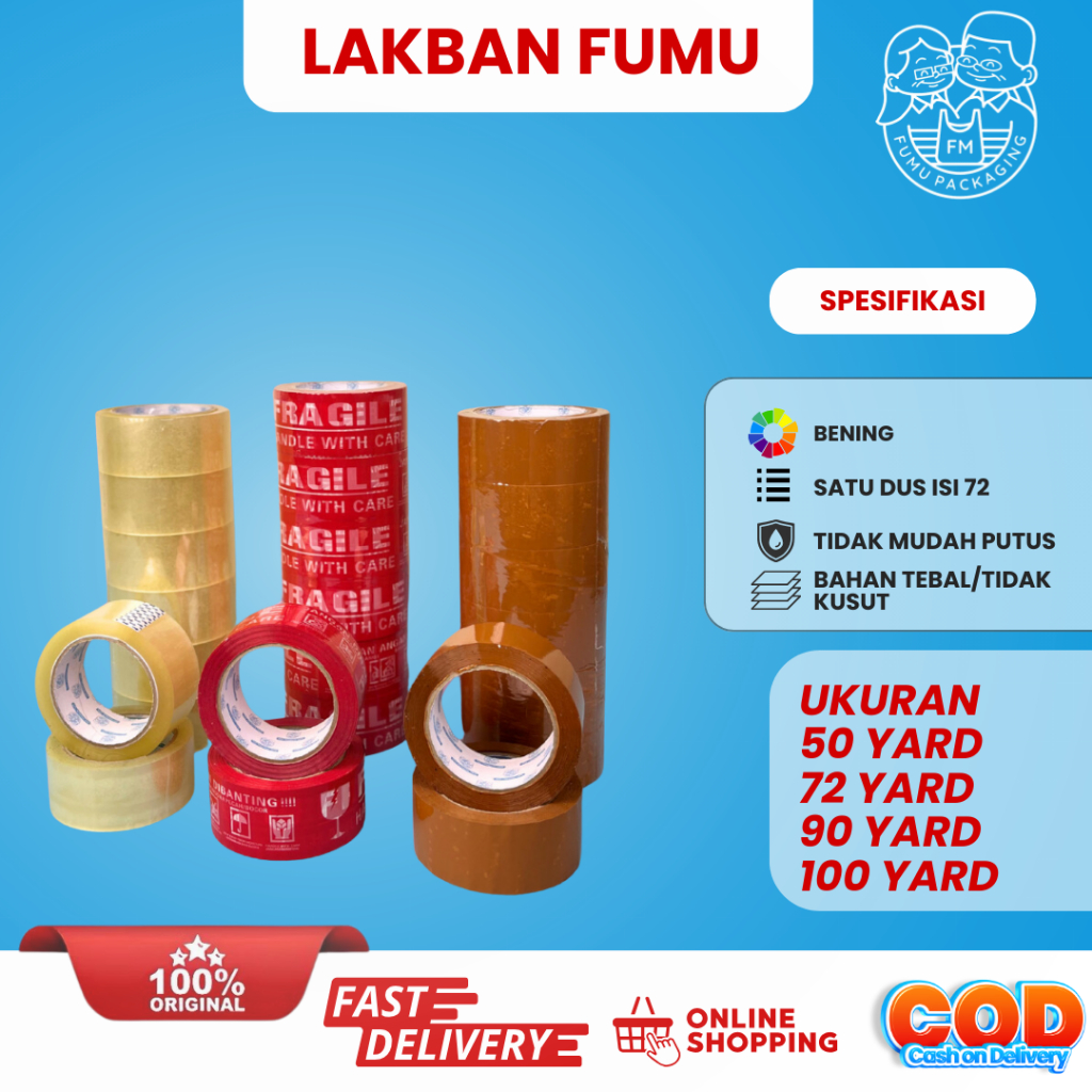 

Lakban Fumu Packing Ukuran 45mm Panjang 72yard Kuat Melekat Tidak mudah putus tahan beban