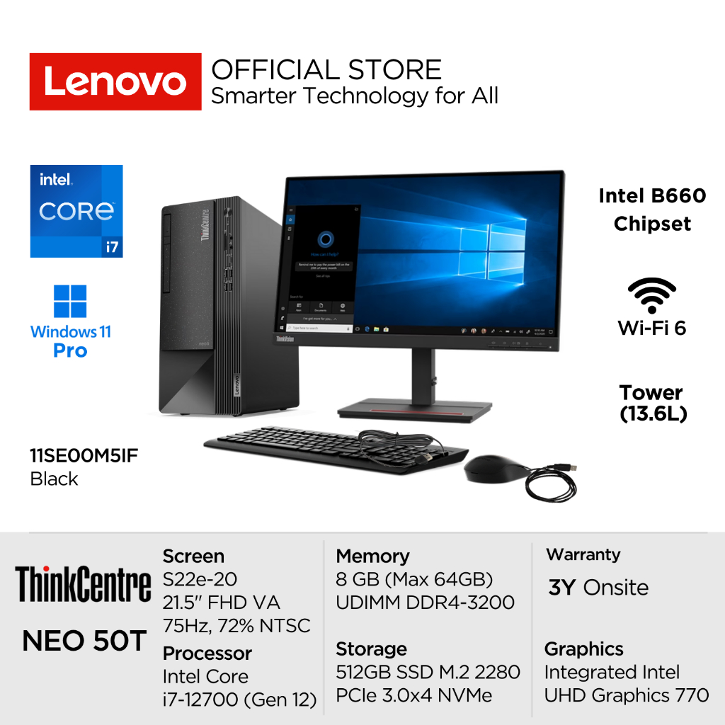 Lenovo PC ThinkCentre Neo 50t M5IF Intel Core i7 12700 Win11 Pro 8GB 512GB SSD Tower 13.6L Integrate