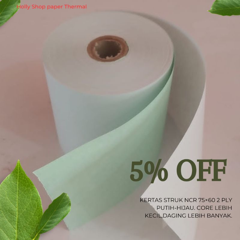 

kertas struk kasir bahan NCR 2PLY PUTIH-HIJAU uk.75×60