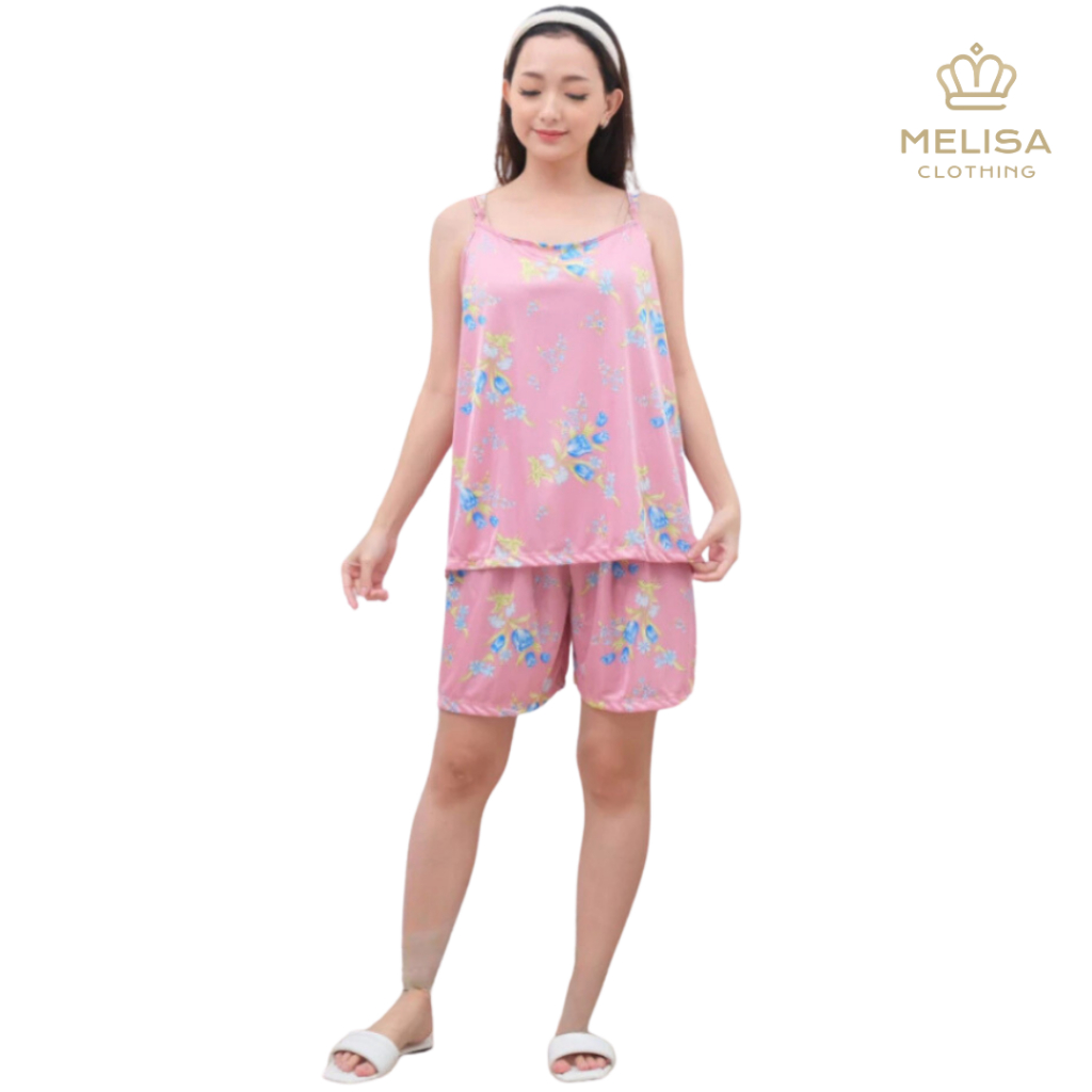 Melisacollection | Set Baju Tidur Wanita Satin Motif Bunga Tanpa Lengan