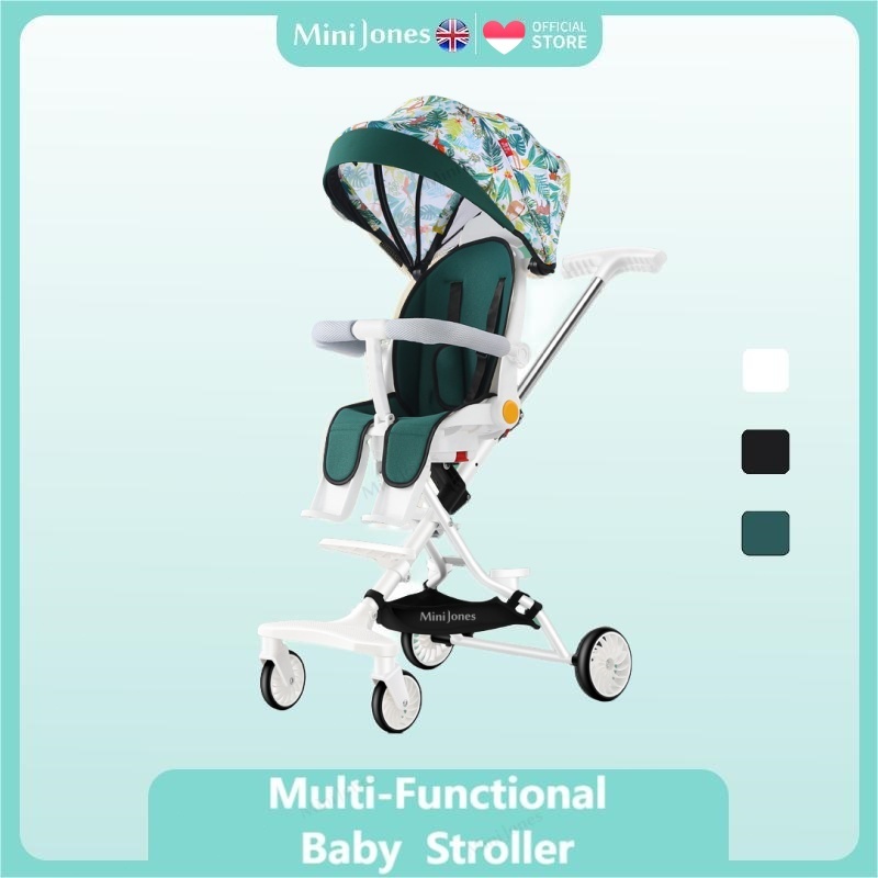 MiniJones Kereta Dorong Bayi Lipat 360 Putar Sandaran Dapat Disesuaikan Troli Bayi Multi-Fungsional
