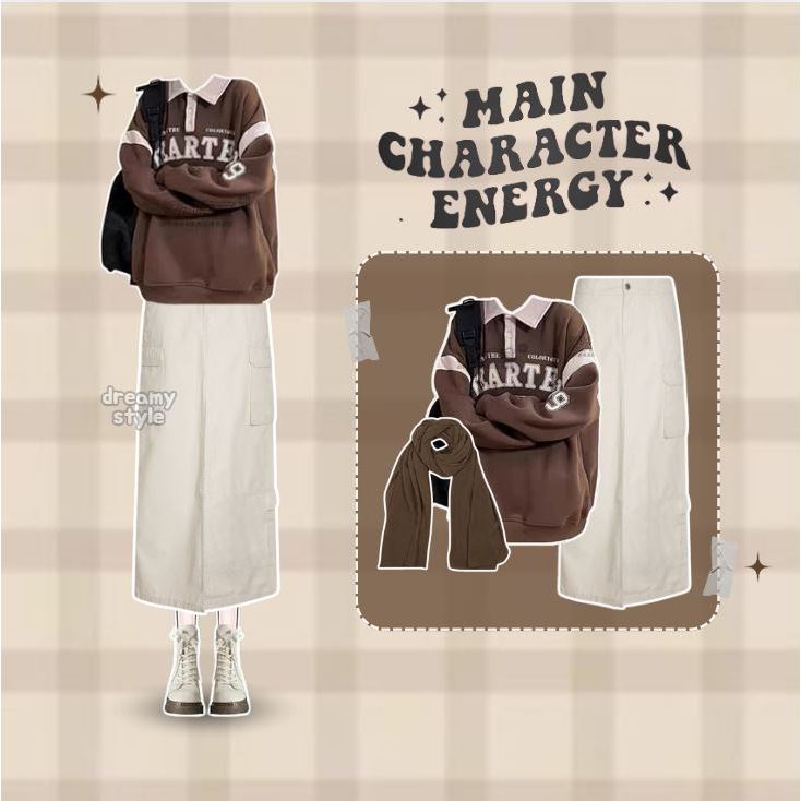 Leyana One Set OOTD Korean Remaja Hoodie Sweater Rok Cargo (Hijab,Sweater,Rok) Outfit Style - DR28