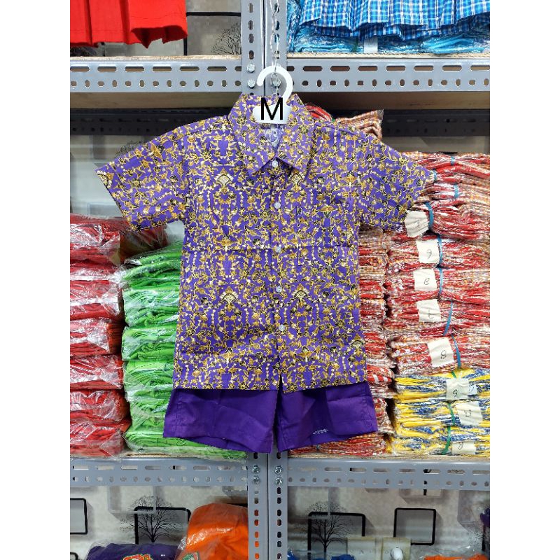 seragaman/paud/tk..stelan batik ungu lengan pendek