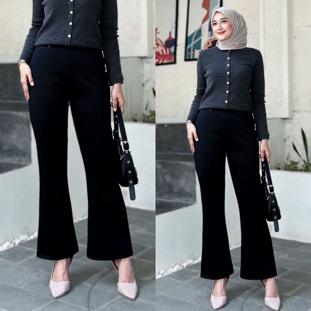 Celana Cutbray Wanita Highwaist Scuba Pinggat Karet Hitam Import Premium
