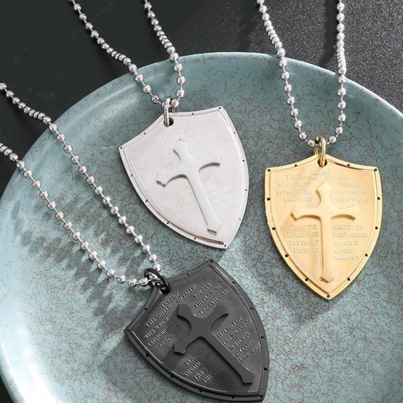 Kalung Tameng Salib - Shield of Faith Cross Necklace Vintage Pendant + Chain Cord Religious Jewelry 