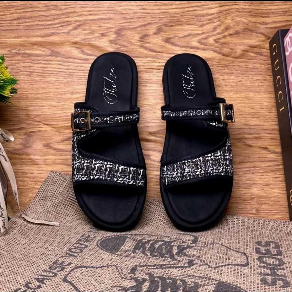Sandal Platform Wanita Tali Gesper Motif Rajut Trendy Flat Shoes Korean Style Kekinian Terbaru