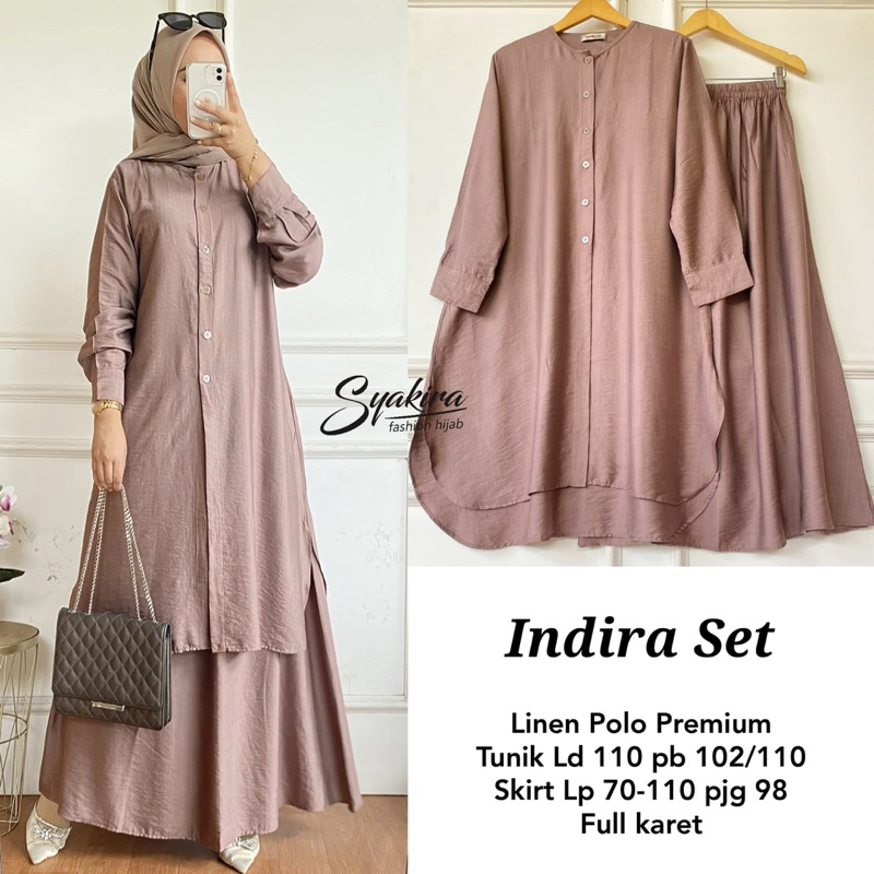 setelan pakaian muslim wanita tunik + rok INDIRA SET Ld 110cm