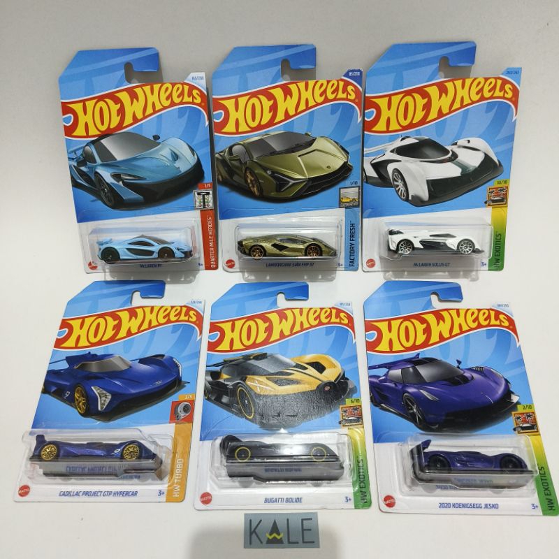 Hot Wheels SUPERCAR : Cadillac Project GT Hypercar blue, 2020 KOENIGSEGG JESKO BLUE, Bugatti Bolide 