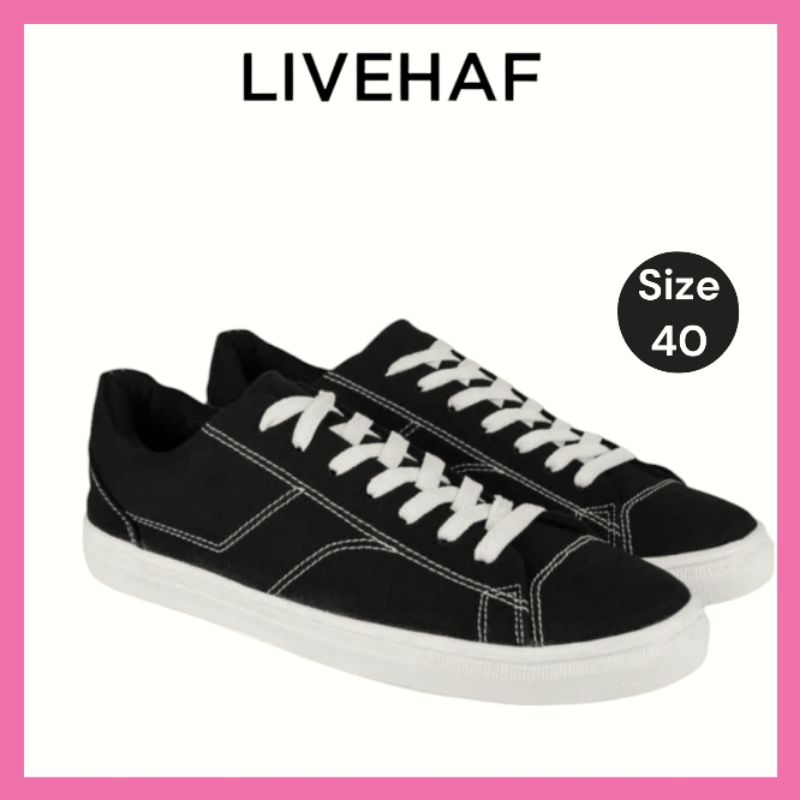 Sepatu Sneakers Pria Black White Canvo Livehaf Casual Size 40